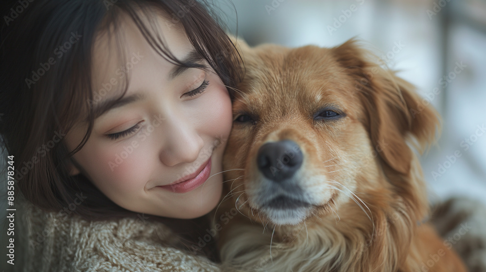 犬に頬ずりをする女性 犬に頬ずりをする女性