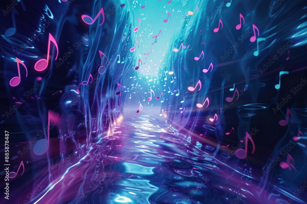 A blue and purple tunnel with musical notes floating in the water A blue and purple tunnel with musical notes floating in the water