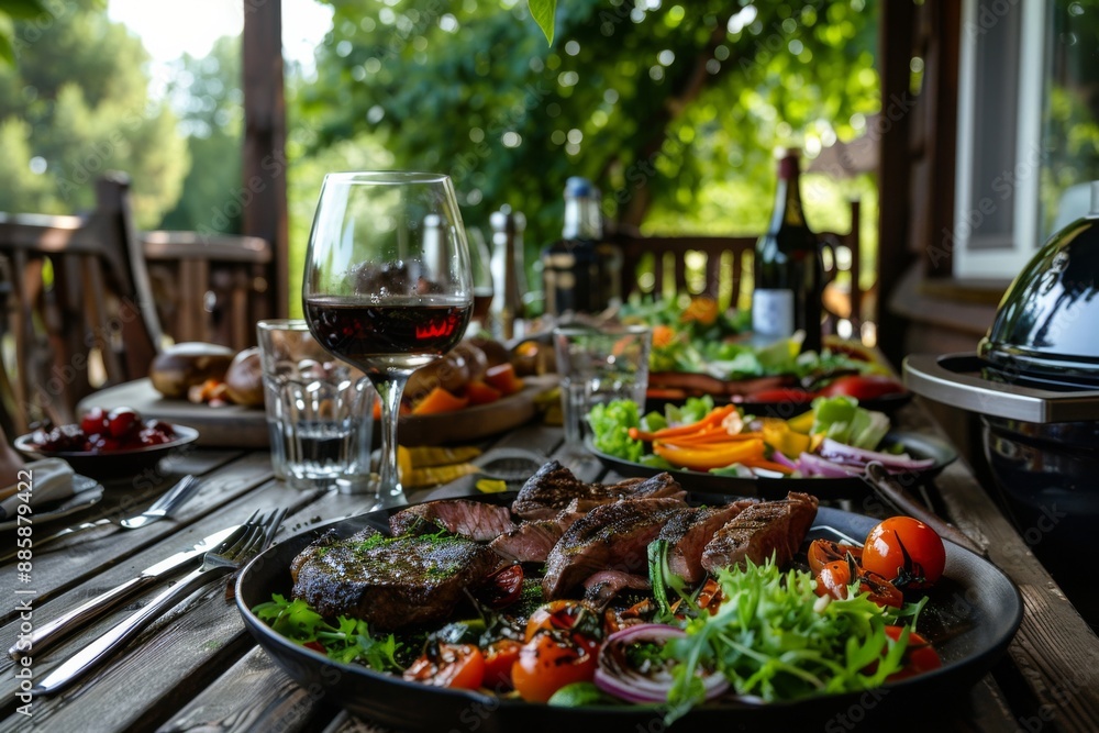 A backyard table set with grilled meats, fresh vegetables, and salads, as happy people dance and celebrate joyfully on the porch to lively music. A backyard table set with grilled meats, fresh vegetables, and salads, as happy people dance and celebrate joyfully on the porch to lively music.