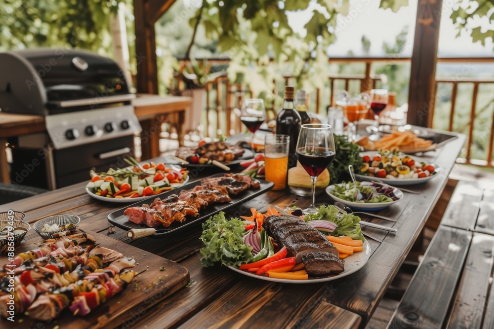 Obraz premium A backyard table set with grilled meats, fresh vegetables, and salads, as happy people dance and celebrate joyfully on the porch to lively music.
