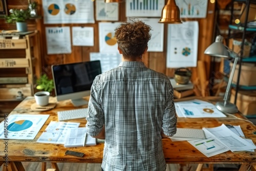 Man Working at a Wooden Desk in a Home Office