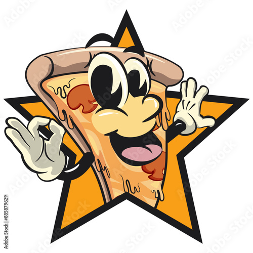 character of a slice pizza cartoon vector isolated clip art mascot illustration out from of a star by giving an OK sign, work of hand drawn