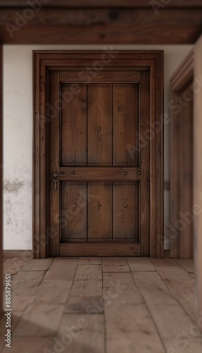 Rustic Wooden Door with Traditional Craftsmanship in Cozy Home Interior - Warm and Inviting Feel © Qstock