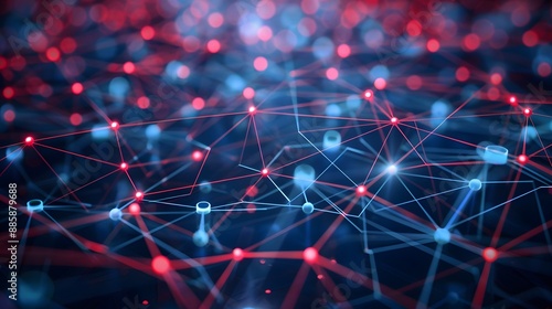 Abstract Red Network Lines and Dots on Blue Background