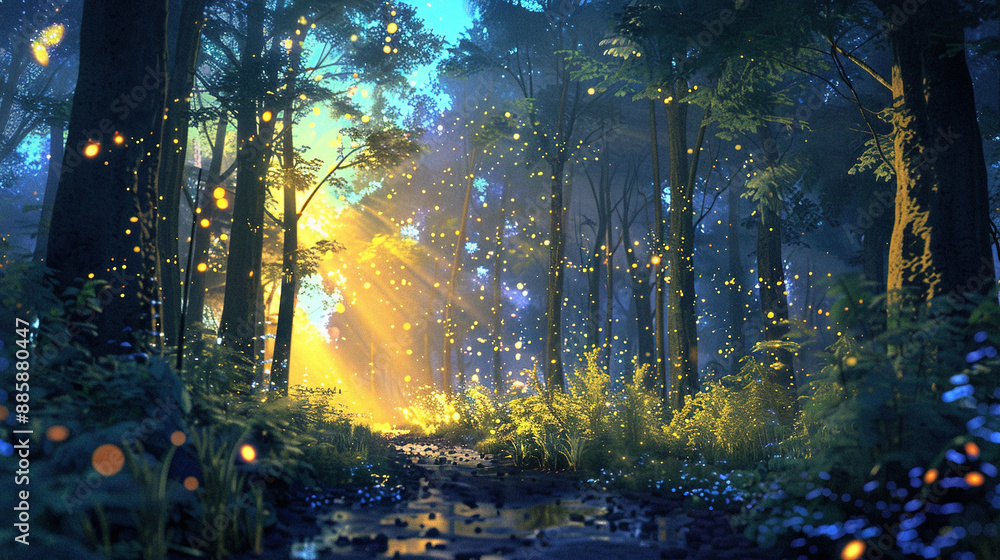Naklejka premium 3D cartoon in the forest with a star twinkle background. wallpaper cartoon in the forest