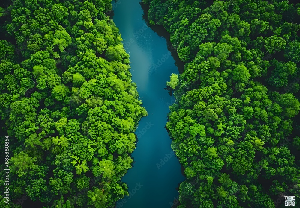 Aerial View of River Through Dense Forest Aerial View of River Through Dense Forest
