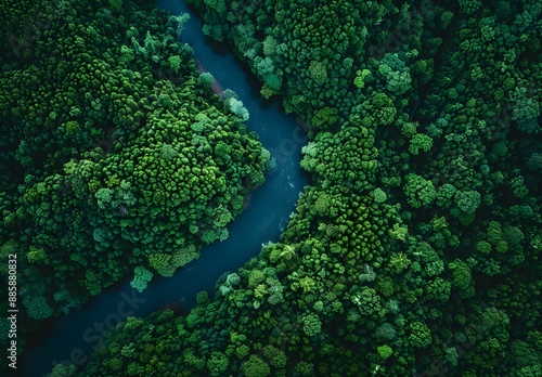 Aerial View of River Winding Through Lush Forest