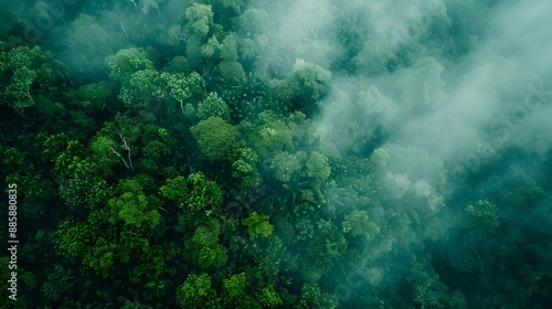 Aerial View of Misty Rainforest Canopy