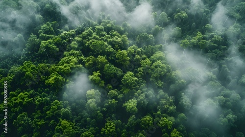 Aerial View of Lush Rainforest with Mist