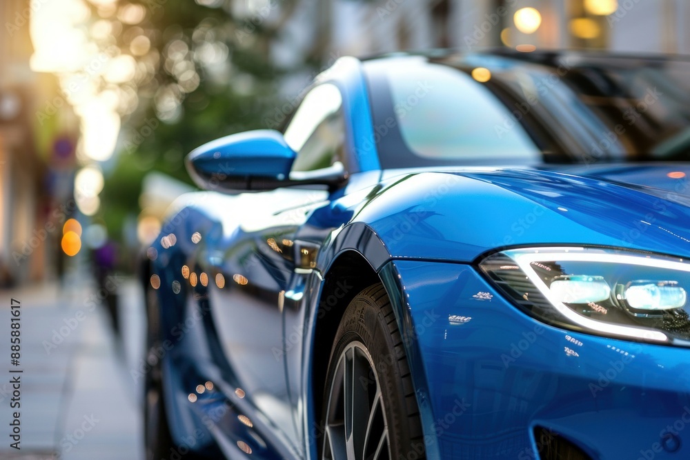 Fototapeta premium Sleek blue electric sports car parked on a city street with the setting sun reflecting off its glossy paint