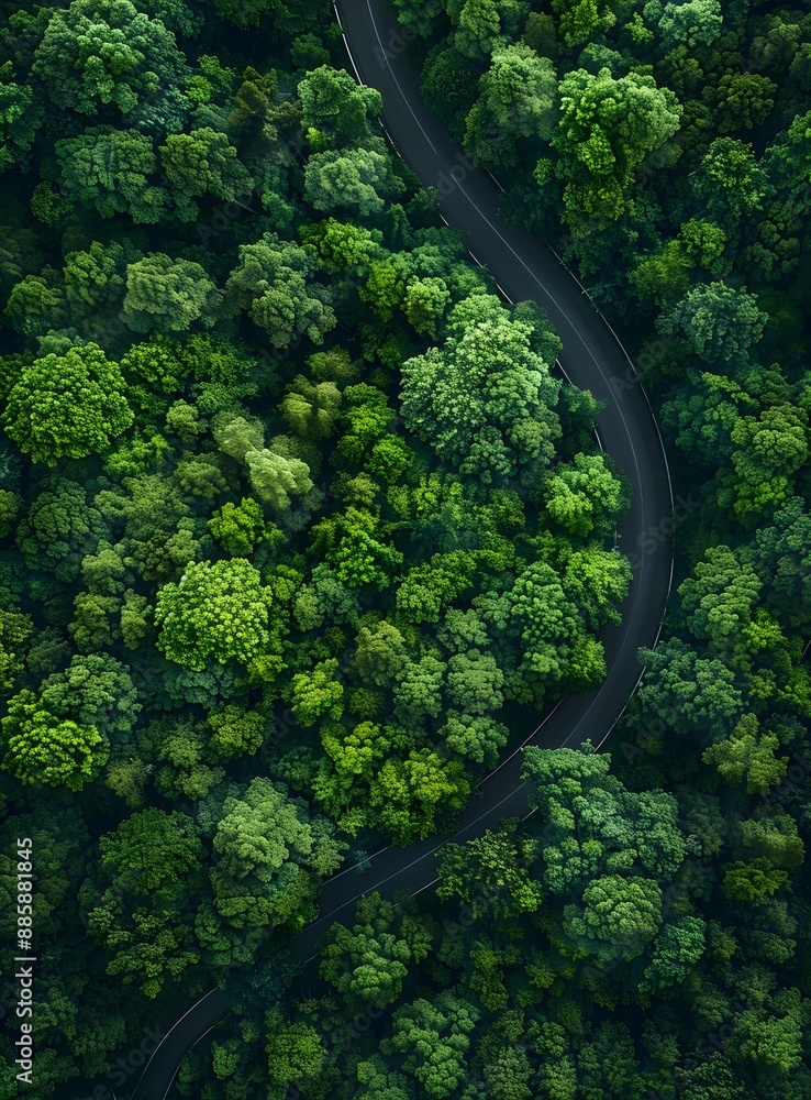 Aerial View Winding Road Through Forest Aerial View Winding Road Through Forest