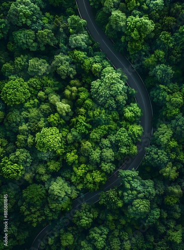 Aerial View Winding Road Through Forest