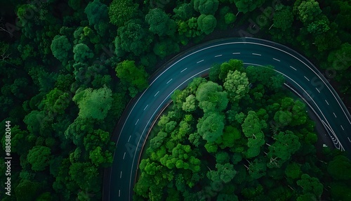 Aerial View Winding Road Through Lush Forest