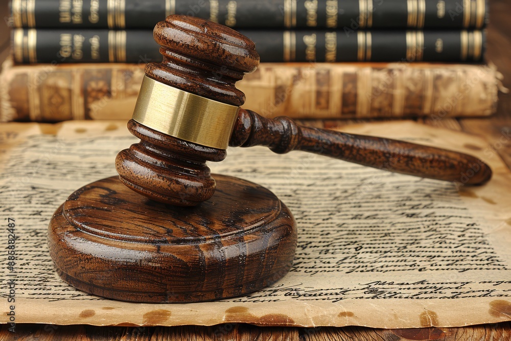 Wooden Gavel Resting on Old Document With Stack of Books in Background Wooden Gavel Resting on Old Document With Stack of Books in Background