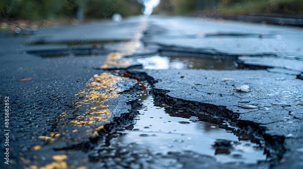 Fototapeta premium Texture of damaged asphalt road surface, cracked asphalt road with hole and water from rain in, close up 