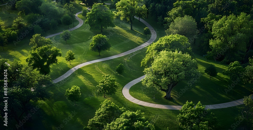 Aerial View of Winding Path in Lush Park Aerial View of Winding Path in Lush Park