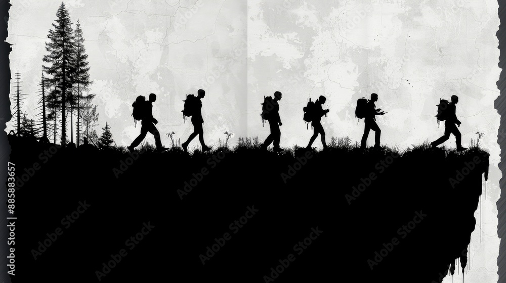 Minimalist poster of people exercising in a boot camp, blocks, silhouettes of participants, activities, running or jumping Minimalist poster of people exercising in a boot camp, blocks, silhouettes of participants, activities, running or jumping