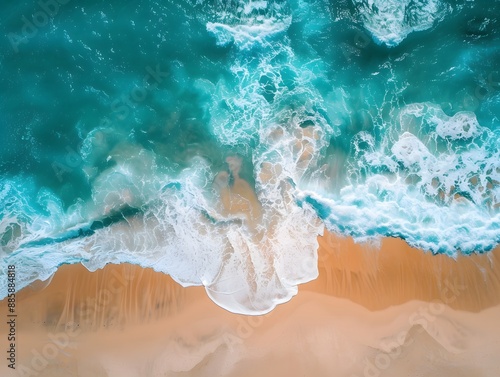 Aerial View of Turquoise Ocean Waves Crashing on Sandy Beach