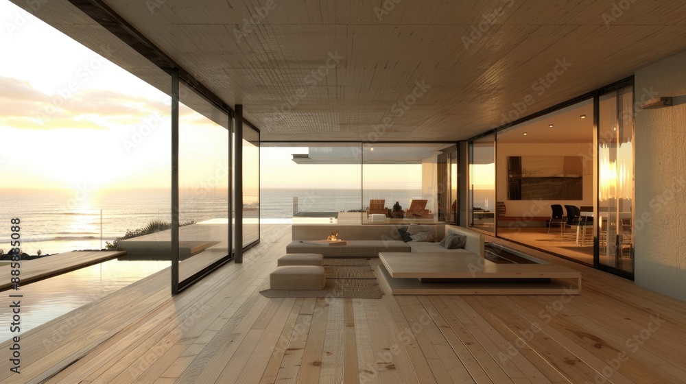 custom made wallpaper toronto digitalA large open living room with a view of the ocean. The room is furnished with a couch, chairs, and a fireplace