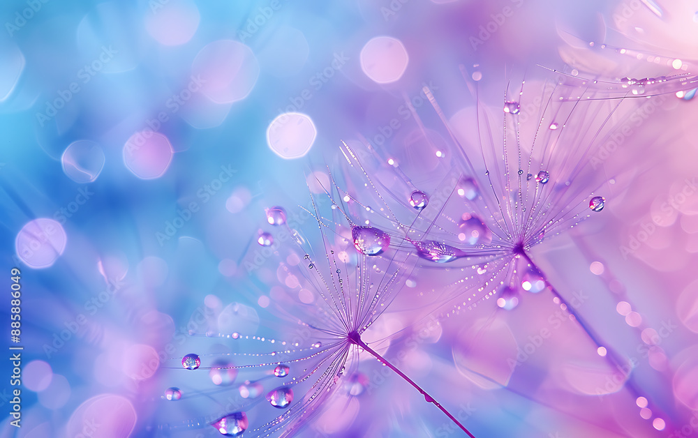 Obraz premium Dandelion flower with water drops close up. Nature background.