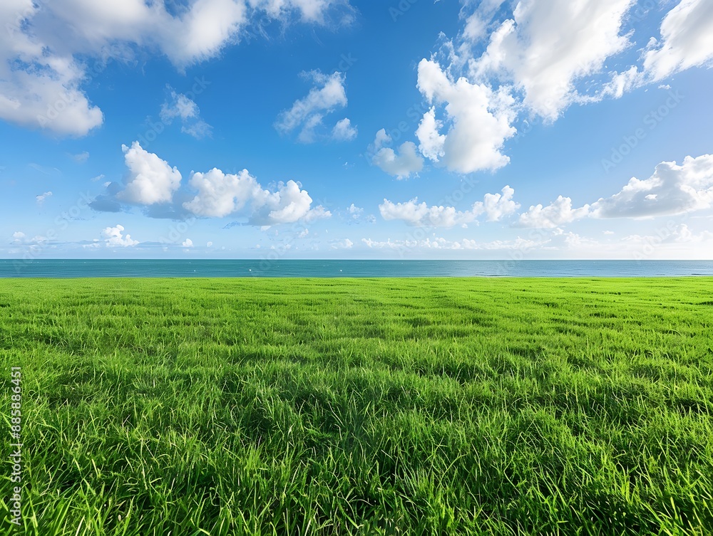 Green Grass Field with Ocean and Blue Sky Green Grass Field with Ocean and Blue Sky