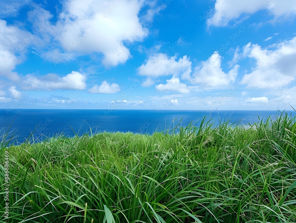 Green Grass Field Ocean View Blue Sky Clouds Green Grass Field Ocean View Blue Sky Clouds