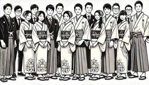 Detailed group photo of young adults in furisode for Coming of Age Day