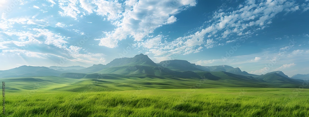 Fototapeta premium Tranquil Green Grasslands & Distant Mountains