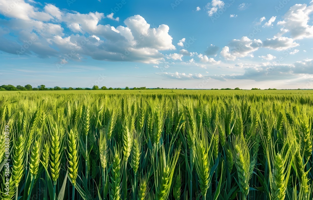 Green Wheat Field Landscape Under Blue Sky Green Wheat Field Landscape Under Blue Sky