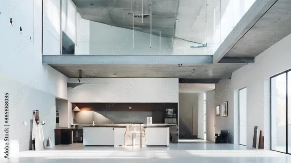 A white walled loft with concrete floors, concrete ceiling and inside the loft there to be glass A white walled loft with concrete floors, concrete ceiling and inside the loft there to be glass