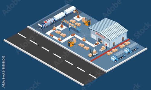 One-stop Warehouse Automation Solutions with Automated Guided Vehicles (AGVs) and Autonomous Mobile Robots (AMRs) concept. Vector illustration eps10