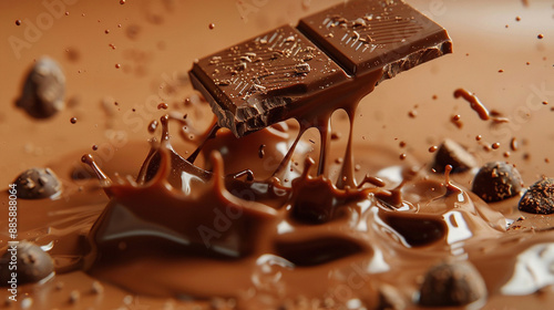 close up of chocolate. close up of chocolate pieces. close up of chocolate. chocolate melting with picture of a cholcolate bar in style of food photography close up photo