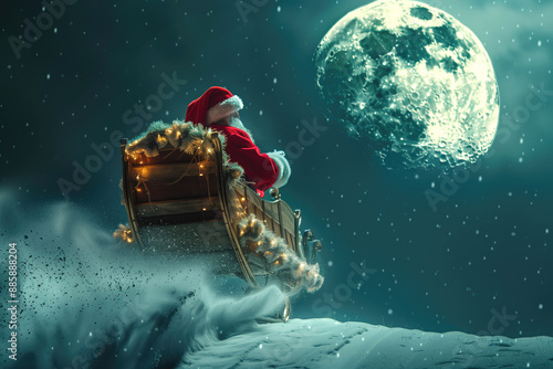 Santa Claus rides in wooden sleigh. Santa Claus moves towards huge moon like Santa Claus in Christmas sleigh with back to camera