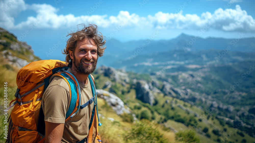 joyful hiker revels in mountain hiking adventure joyful hiker revels in mountain hiking adventure