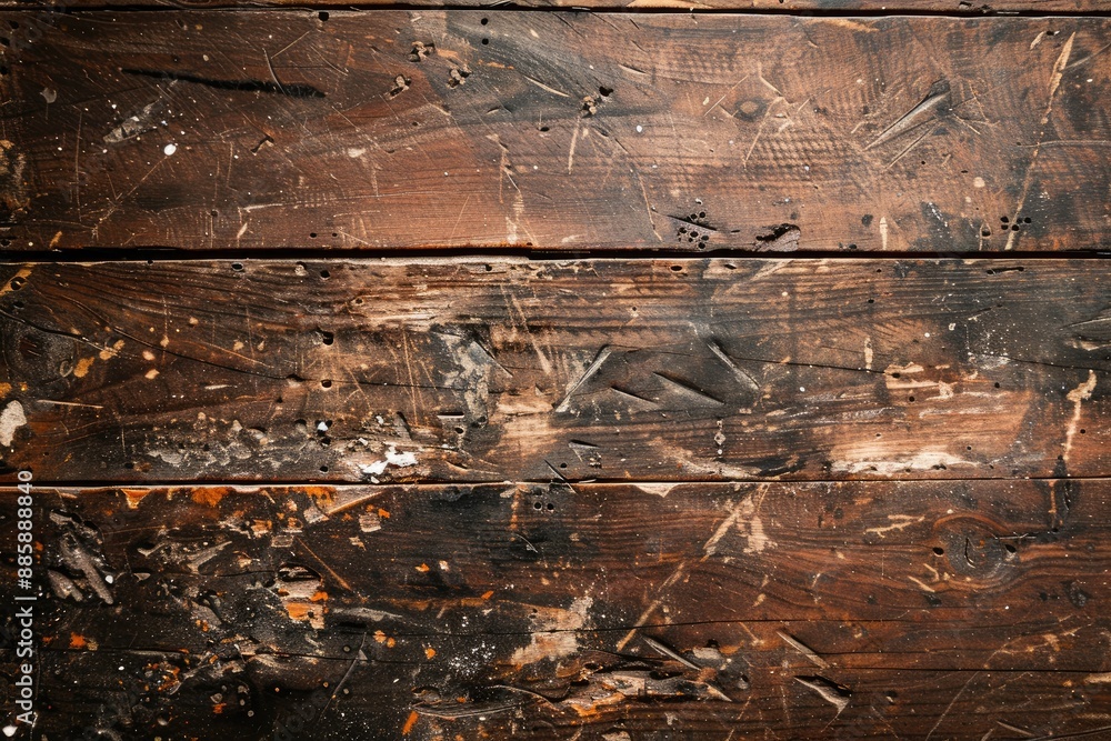 Naklejka premium A wooden surface with paint splatters and scratches. The surface is old and worn, with a sense of history and character
