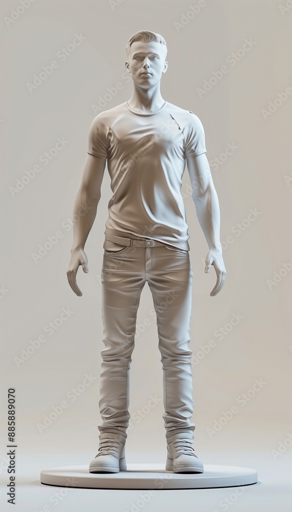 3D Rendered Human Male Statue in Casual Clothing: Blank Expression, Modern Art Style 3D Rendered Human Male Statue in Casual Clothing: Blank Expression, Modern Art Style