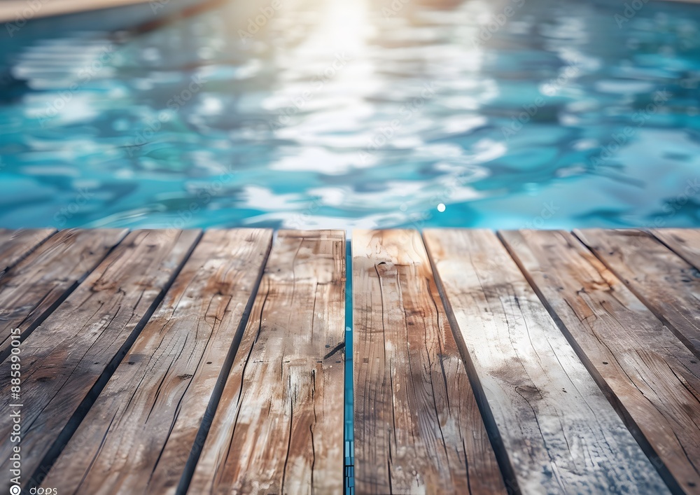 Wooden Deck Overlooking Blue Pool Water Wooden Deck Overlooking Blue Pool Water