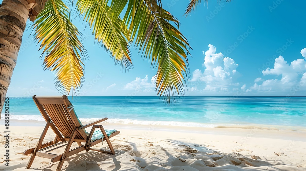 Tranquil Beach Scene with Palm Tree and Lounger Tranquil Beach Scene with Palm Tree and Lounger