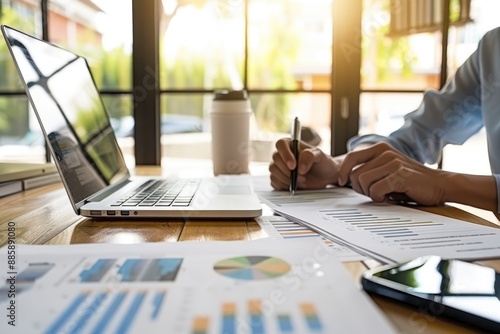 A tax advisor sitting at a desk with a laptop and financial documents, explaining tax planning strategies to a client in an office