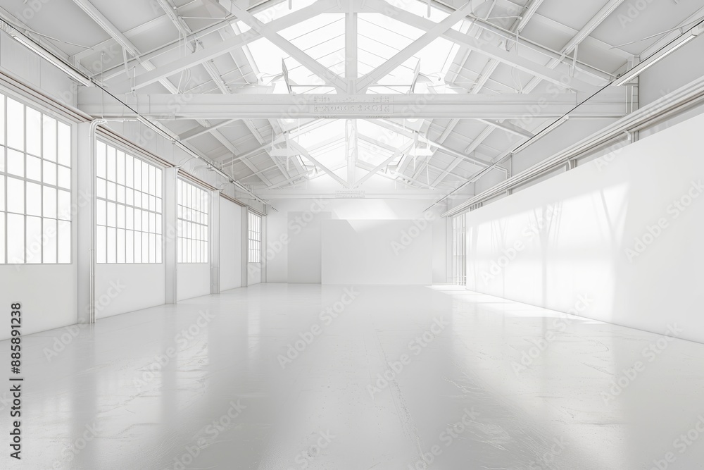 Fototapeta premium Empty modern white warehouse with a spacious interior and clean white background