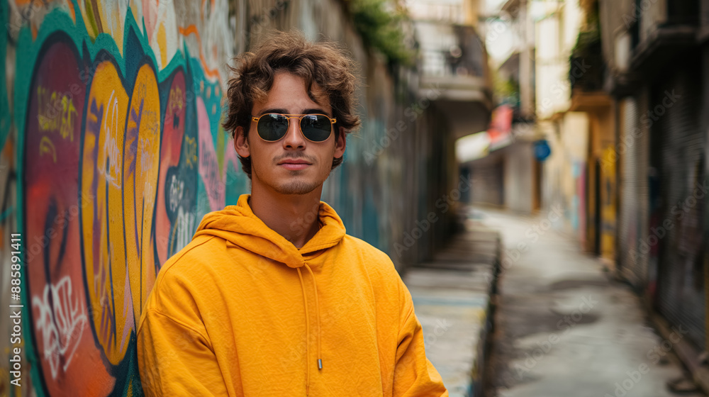 Person in a yellow hoodie and sunglasses standing in an urban alleyway with colorful graffiti on the walls, exuding a casual and confident vibe. Person in a yellow hoodie and sunglasses standing in an urban alleyway with colorful graffiti on the walls, exuding a casual and confident vibe.