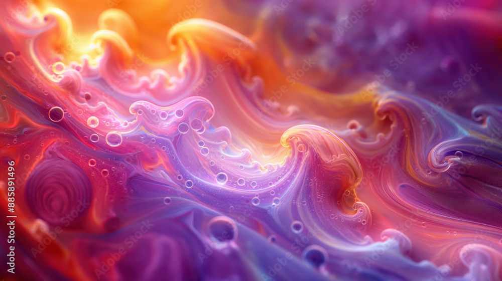 Abstract colorful, swirling liquid with bubbles, resembling a vibrant, cosmic scene with waves and vivid hues. Abstract colorful, swirling liquid with bubbles, resembling a vibrant, cosmic scene with waves and vivid hues.
