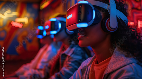 Three individuals wearing VR headsets, fully immersed in a virtual reality experience, with colorful lights reflecting off their devices.