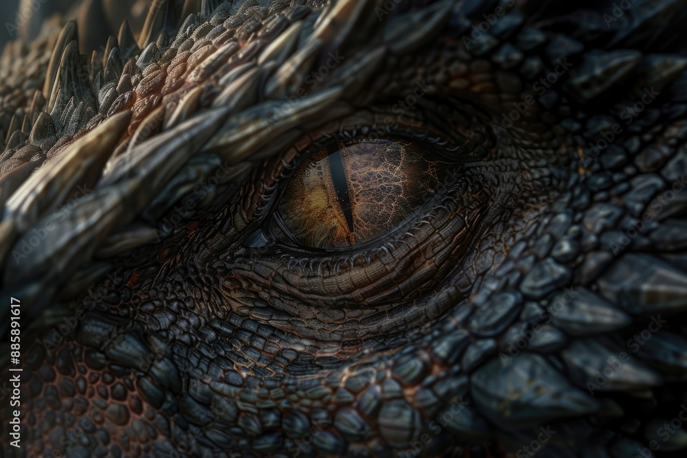 Close-up of a dragon's menacing eye, photographed in a dynamic angle to emphasize its fierce and mythical presence Close-up of a dragon's menacing eye, photographed in a dynamic angle to emphasize its fierce and mythical presence