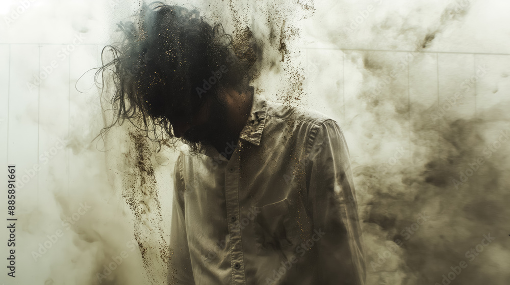 Obraz premium Man with disheveled hair standing in a cloud of dust, creating a dramatic and mysterious atmosphere with shadows and light.