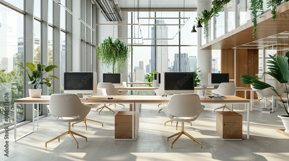 Modern office setup with desks, computers, and chairs, highlighted by expansive windows showcasing the city skyline, and designed with white and wooden accents in a bright environment. Modern office setup with desks, computers, and chairs, highlighted by expansive windows showcasing the city skyline, and designed with white and wooden accents in a bright environment.