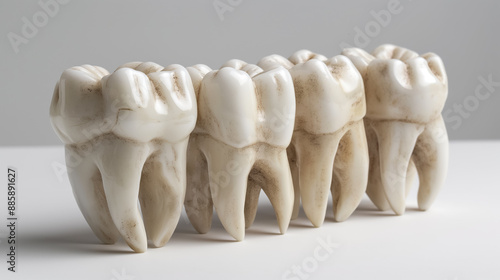 Artistic display of oversized, realistic tooth models lined up on a white surface, emphasizing dental health and anatomy. photo