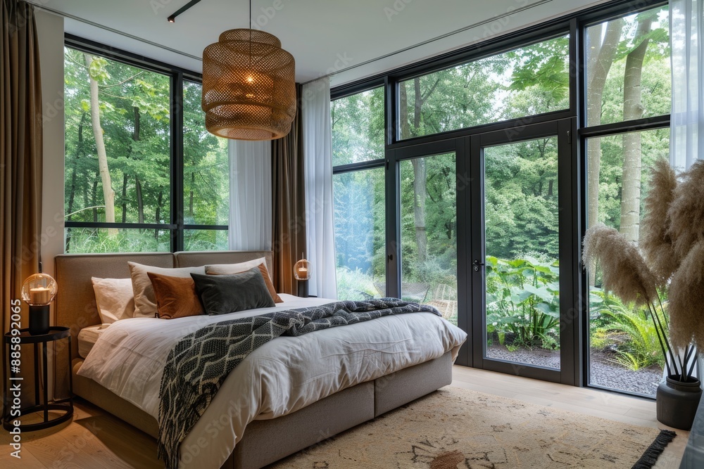 Fototapeta premium Bedroom with a king-sized bed, stylish decor, and large windows