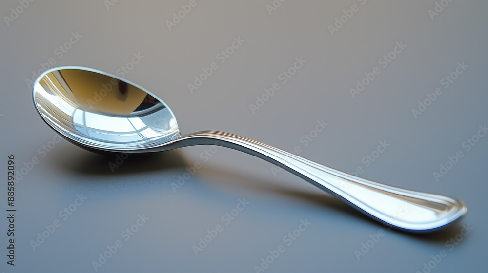 Shiny metal spoon placed on a plain surface, reflecting light, showcasing its smooth and polished design. Shiny metal spoon placed on a plain surface, reflecting light, showcasing its smooth and polished design.