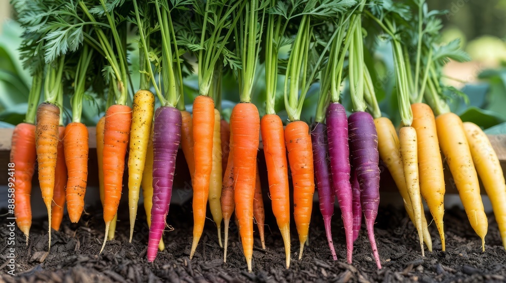 A vibrant photo of colorful carrots in various shades of orange, purple, and yellow